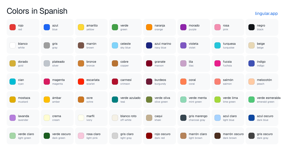 Chart of 56 colors in Spanish with English meanings, from rojo (red) to gris oscuro (dark gray)