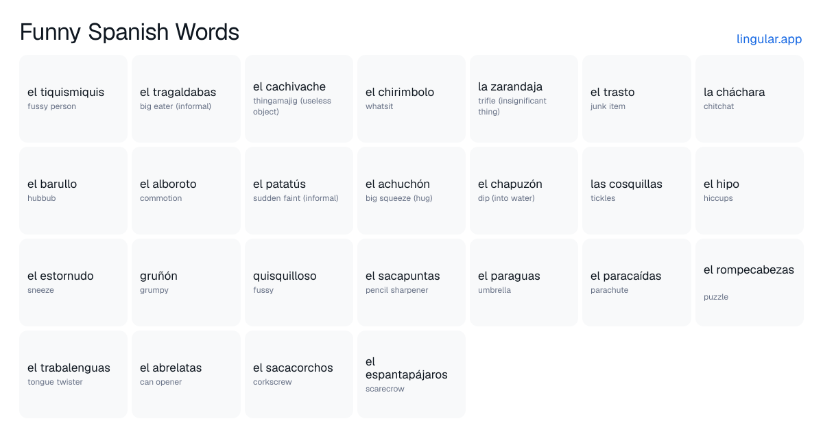 Funny Spanish Words chart with English meanings and Spanish answers