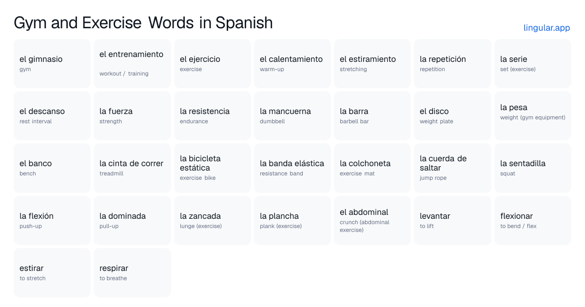 Gym and Exercise Words in Spanish chart with English meanings and Spanish pronunciation