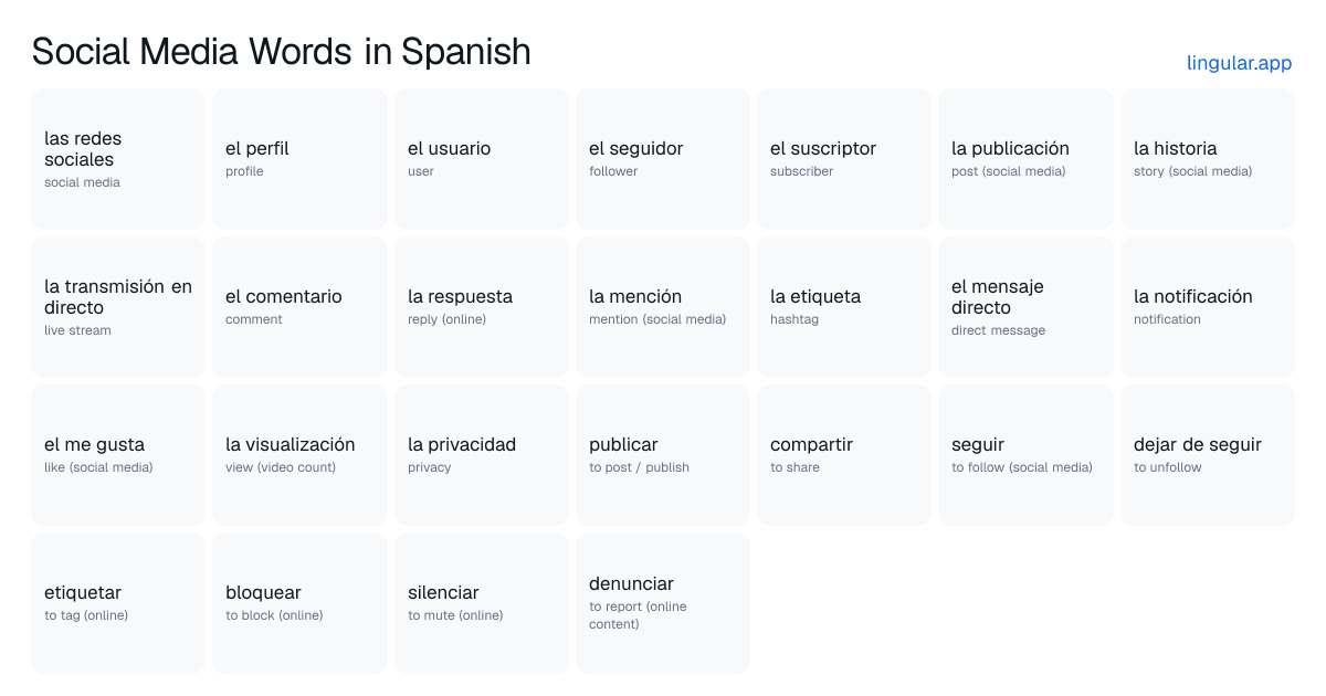 Social Media Words in Spanish chart with English meanings and Spanish vocabulary