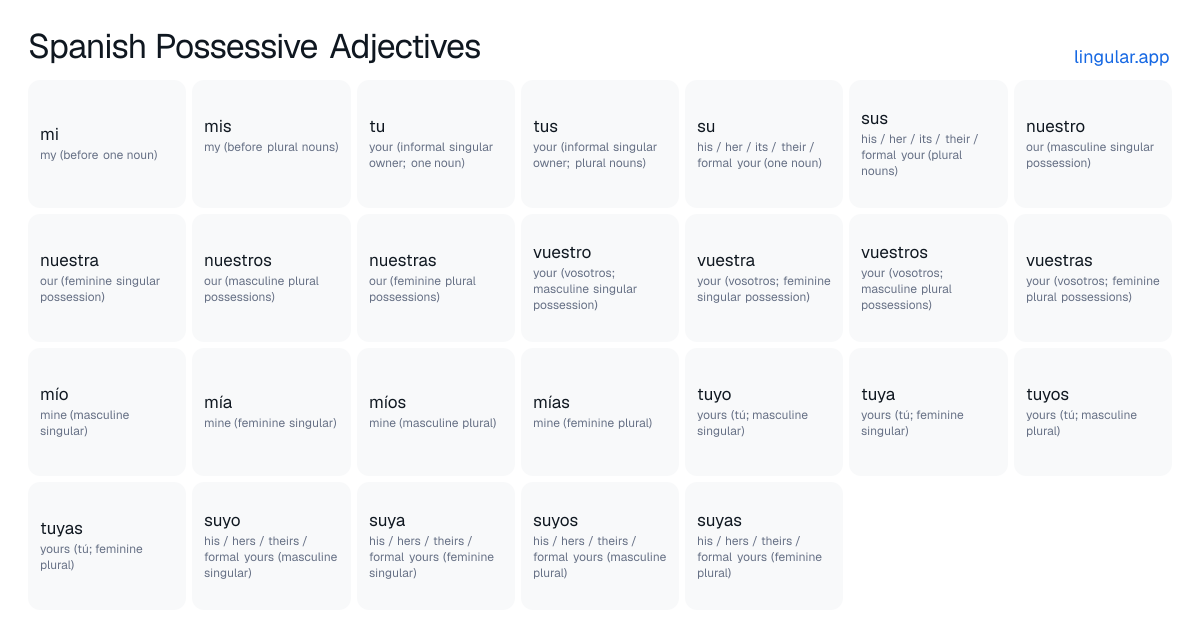 Spanish Possessive Adjectives chart with English meanings and Spanish pronunciation