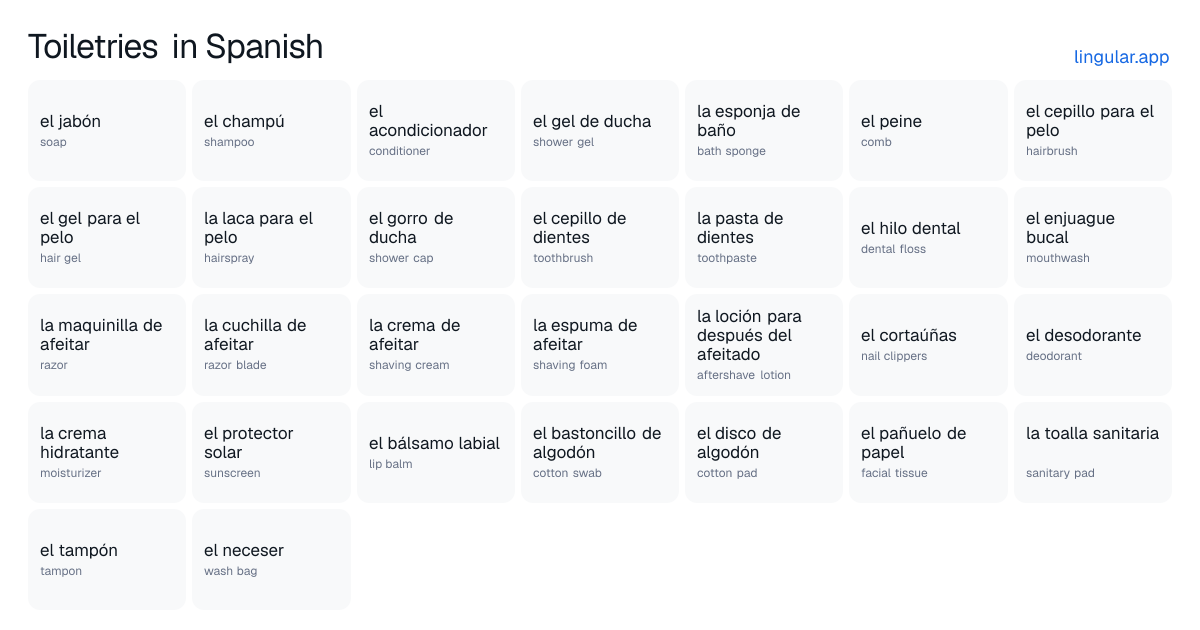 Toiletries in Spanish chart with English meanings and Spanish pronunciation